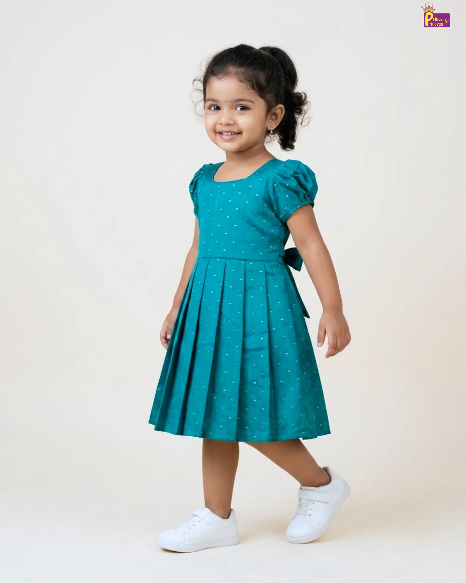 Teal Green Dobby Cotton Frock for Girls | Square Neck Puff Sleeve Dress CF438