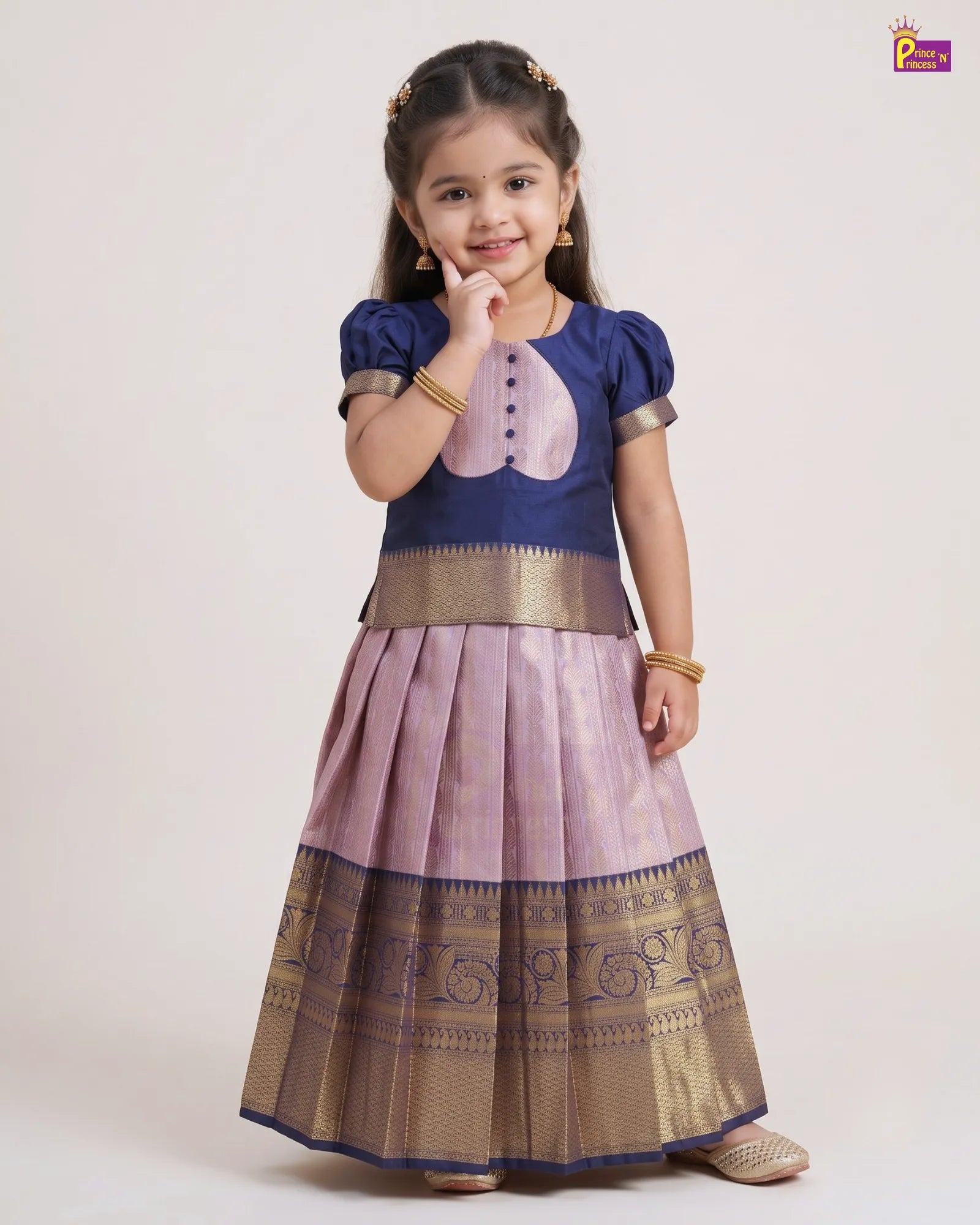 Heart Yoke Pattu Pavadai for Girls | Navy Blue lavender PPP2126