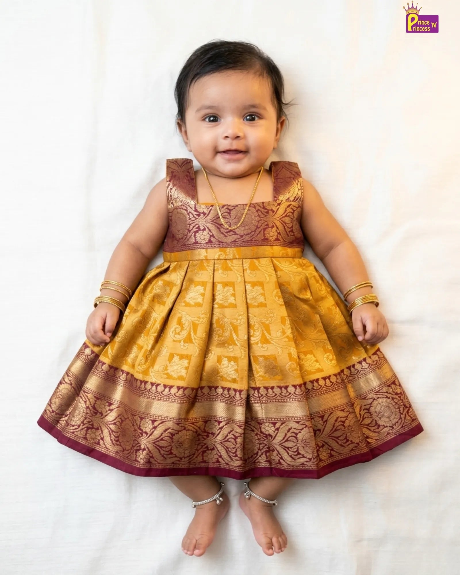 Baby Girl Cream Silk Pattu Frock - Newborn Photoshoot & Naming Dress LF1809 for kids festival wear