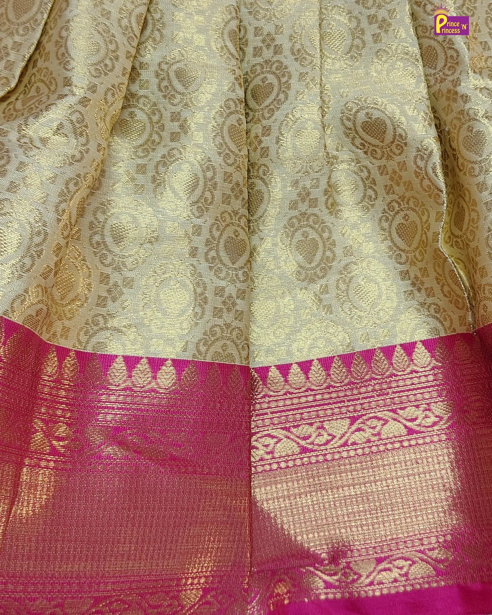 Baby Girl Golden Sandal & Pink Border Pure Banarasi Silk Pattu Frock - LF1891 for kids festival wear