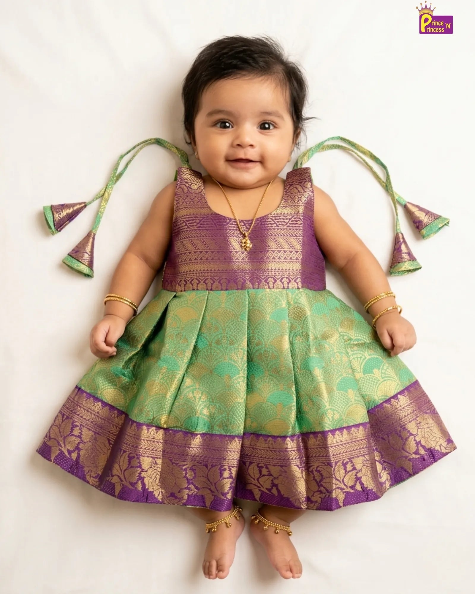 Baby Girl Green Blue Banarasi Silk Pattu Frock - LF1857 for kids festival wear