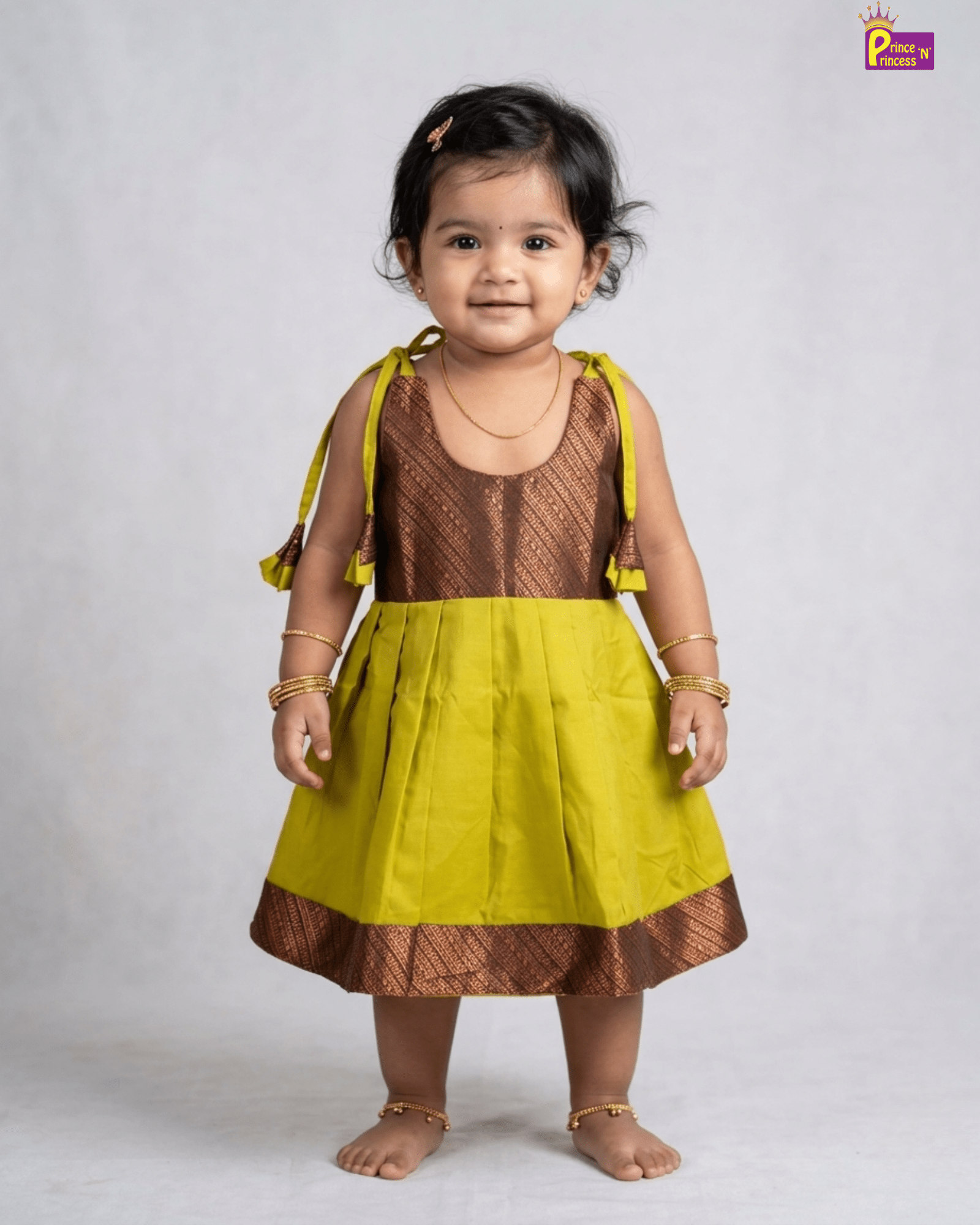 Baby Girl Lime Green & Brown Silk Frock - Two Tone Zari Bodice Shoulder Tie Dress LF1932 for kids festival wear