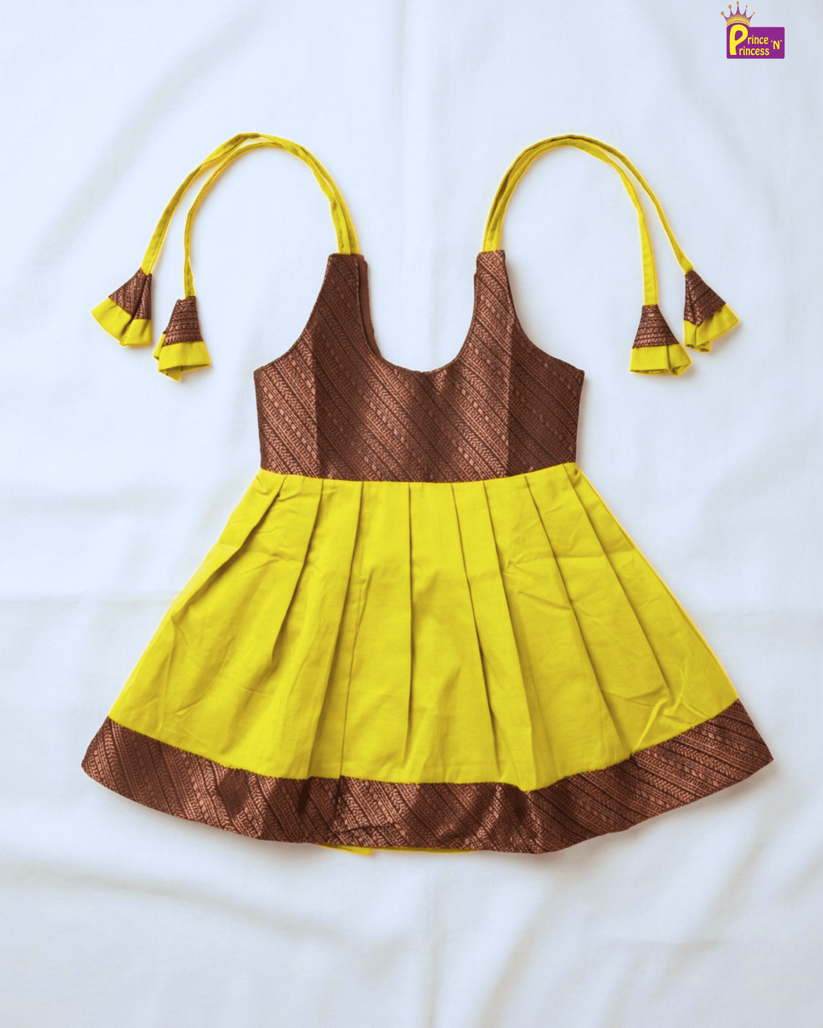 Baby Girl Lime Green & Brown Silk Frock - Two Tone Zari Bodice Shoulder Tie Dress LF1932 for kids festival wear