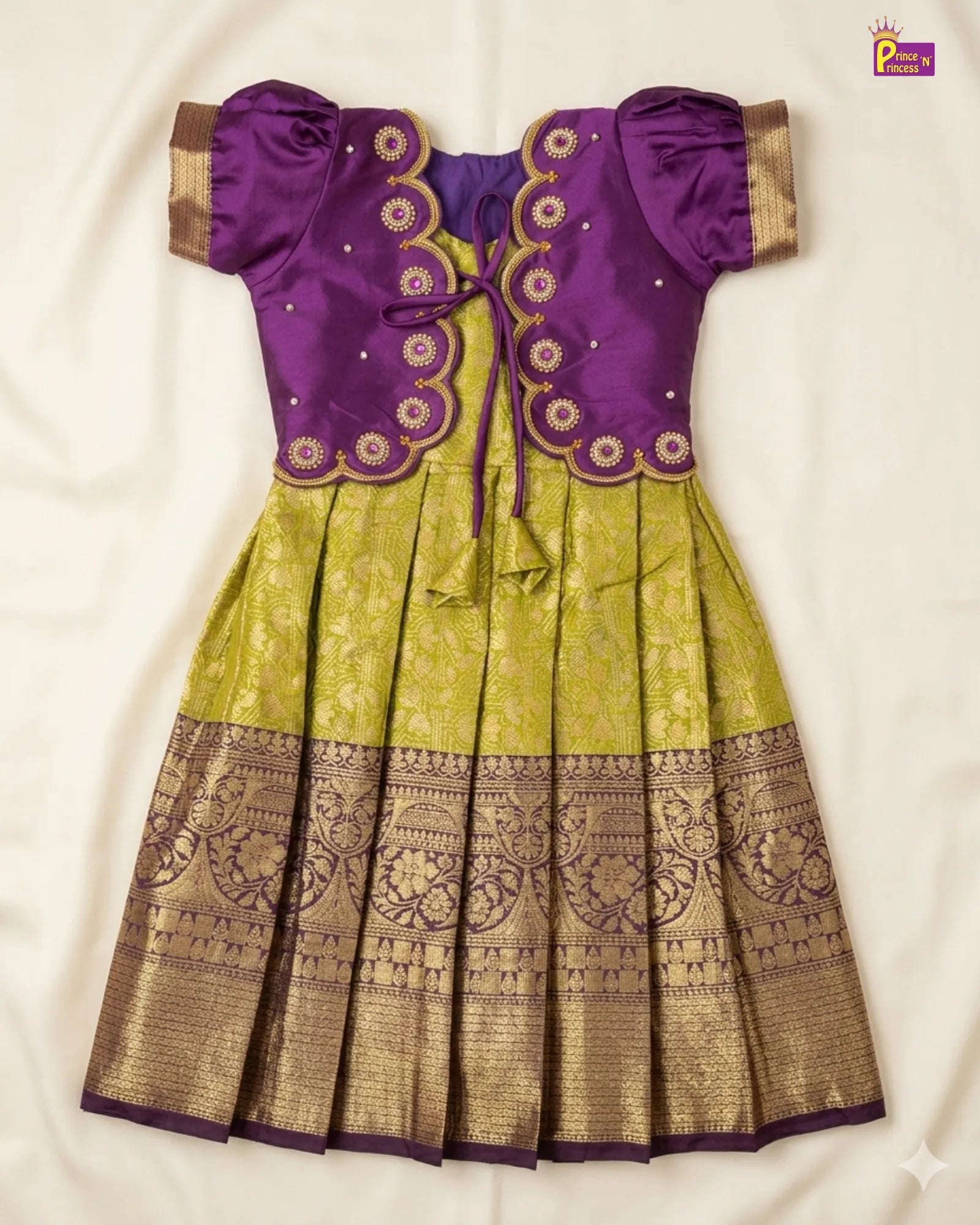 Purple & Lime Green Banarasi Pattu Gown Coat Set | Prince N Princess