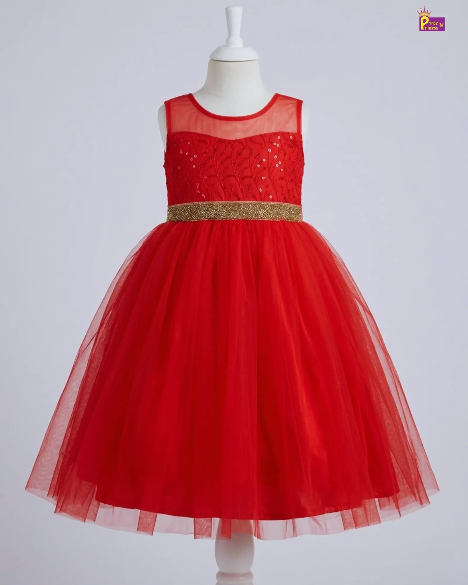 Red dress with gold waistband on a mannequin against a white background