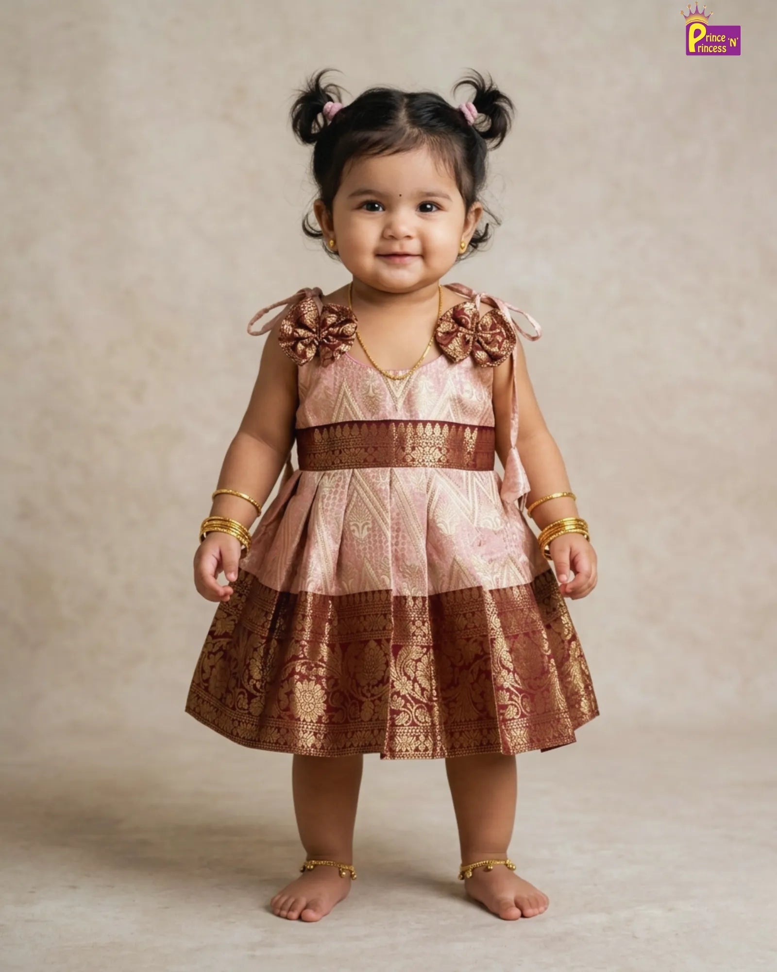 Baby Girl Rose Gold Brocade & Maroon Silk Frock – Bow Shoulder Zari Waist Party Dress LF1735 for kids festival wear