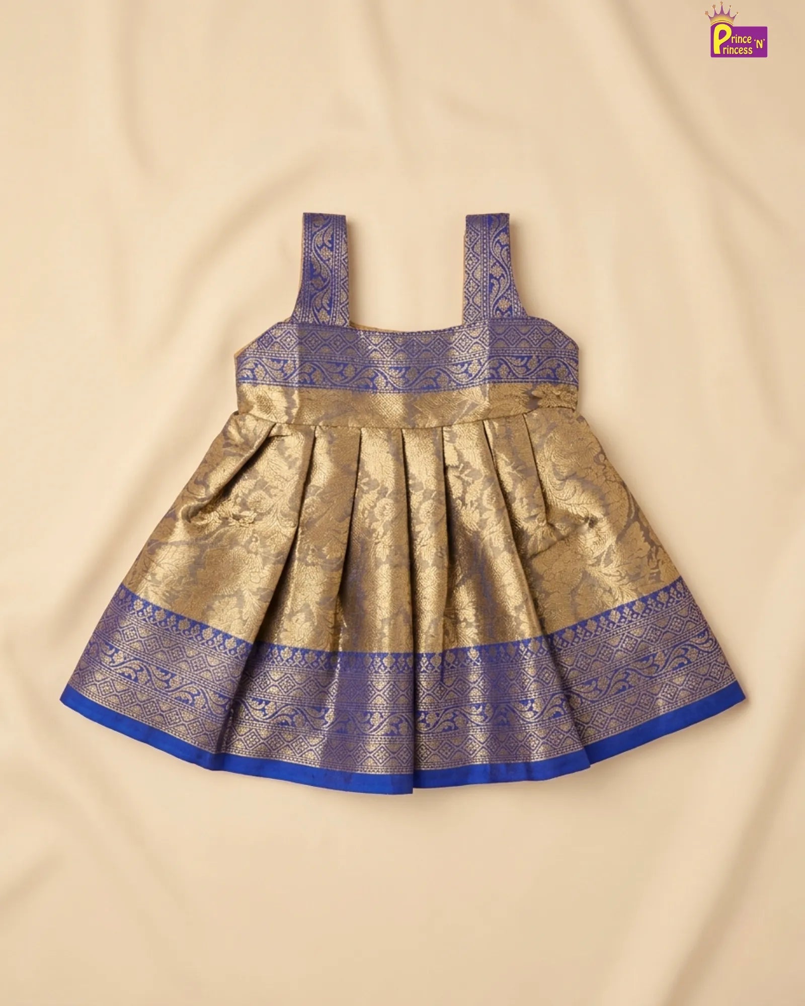 Baby Girl Royal Blue Gold Brocade Silk Frock - Wide Zari Border Naming Ceremony Dress LF1797 for kids festival wear