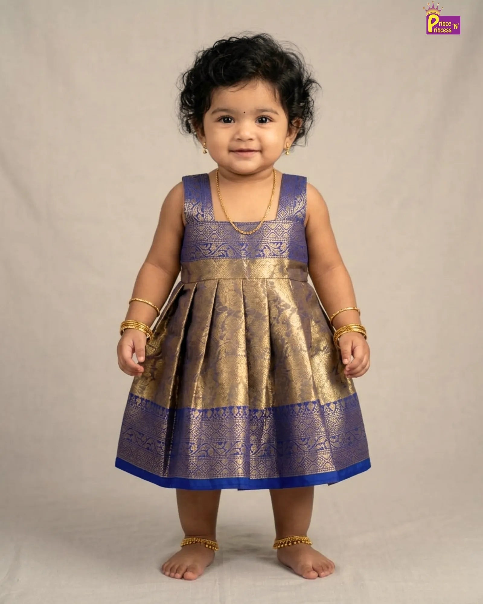 Baby Girl Royal Blue Gold Brocade Silk Frock - Wide Zari Border Naming Ceremony Dress LF1797 for kids festival wear