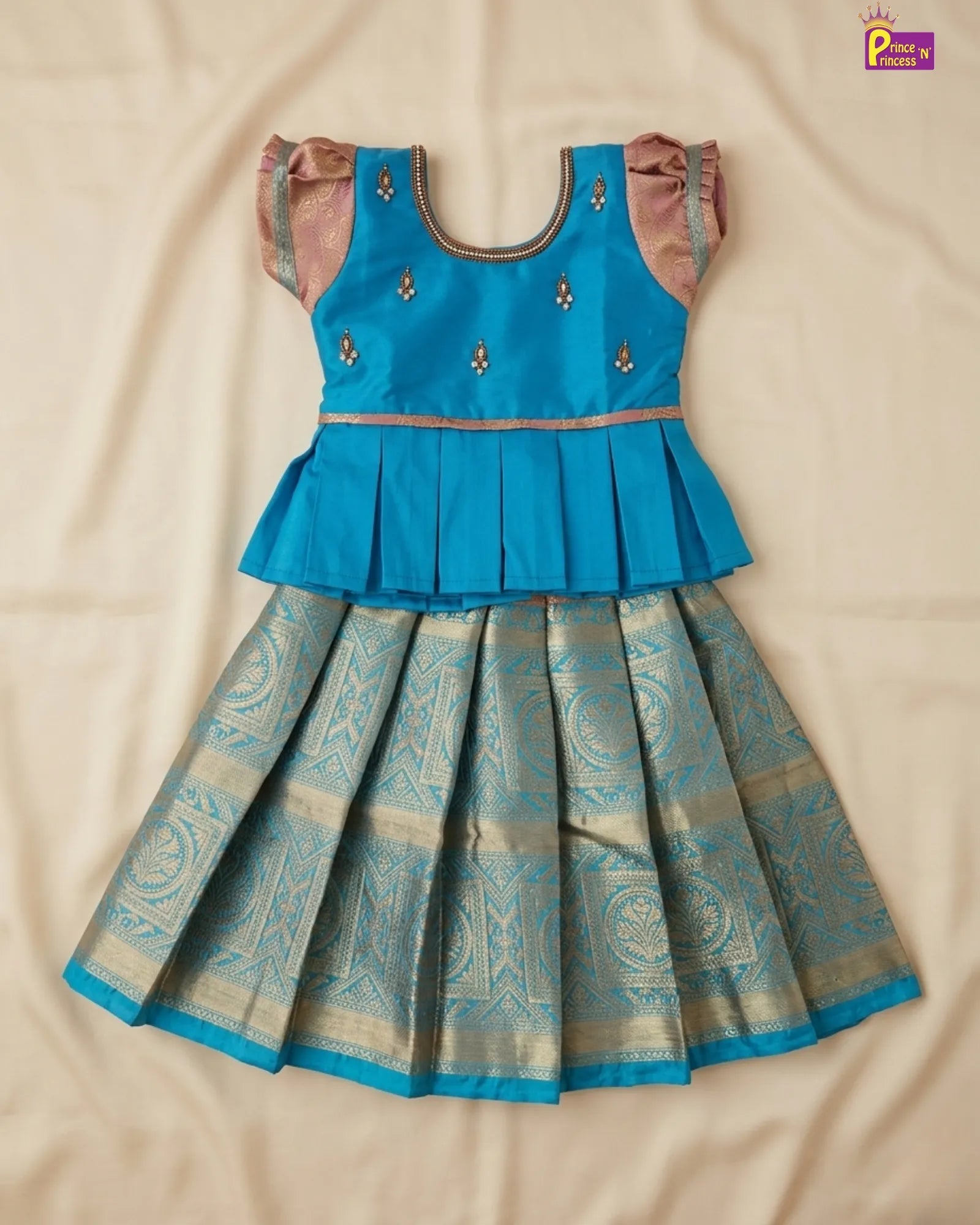 Baby Girl Sky blue & Pink Silk Pattu Pavadai - Aari Work Puff Sleeve PattuPavadai Set PPP2061 for kids festival wear