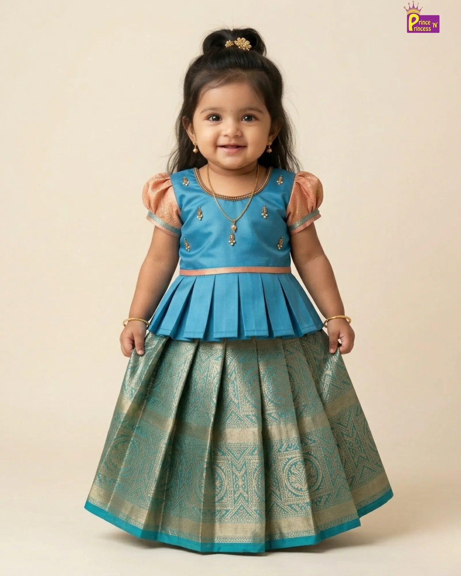 Baby Girl Sky blue & Pink Silk Pattu Pavadai - Aari Work Puff Sleeve PattuPavadai Set PPP2061 for kids festival wear