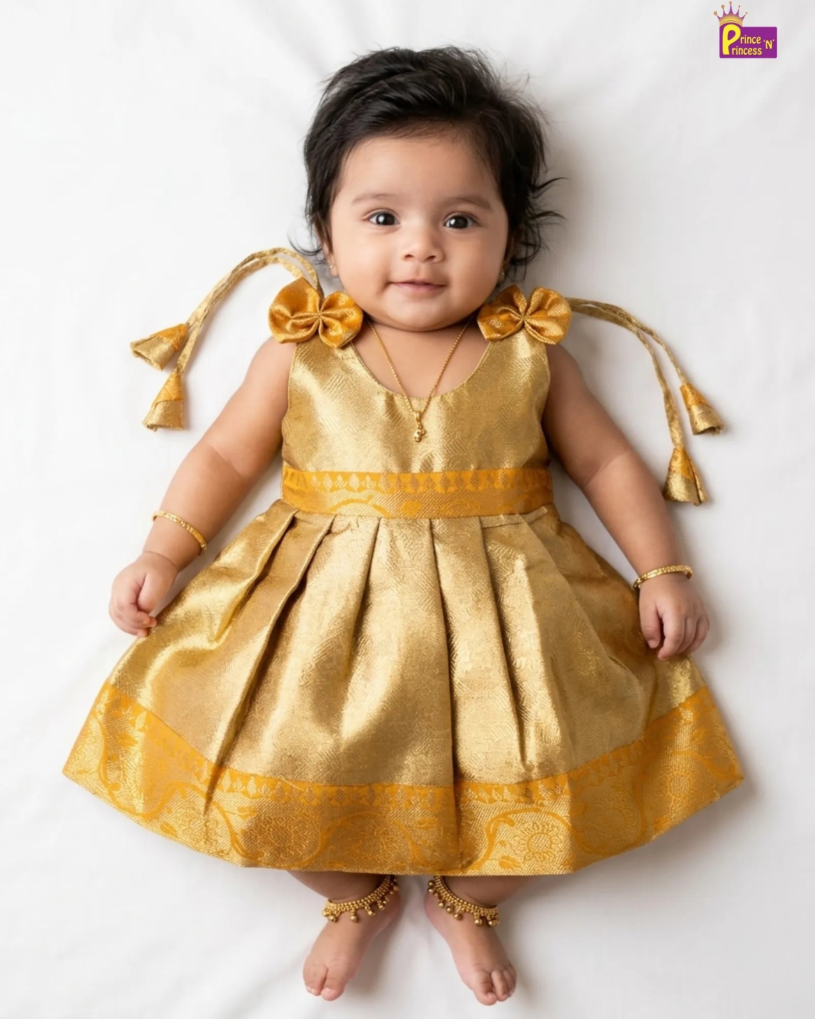 Baby Girl Yellow Banarasi Silk Pattu Frock For Rice Ceremony & Naming Dress Newborn - LF1879 for kids festival wear