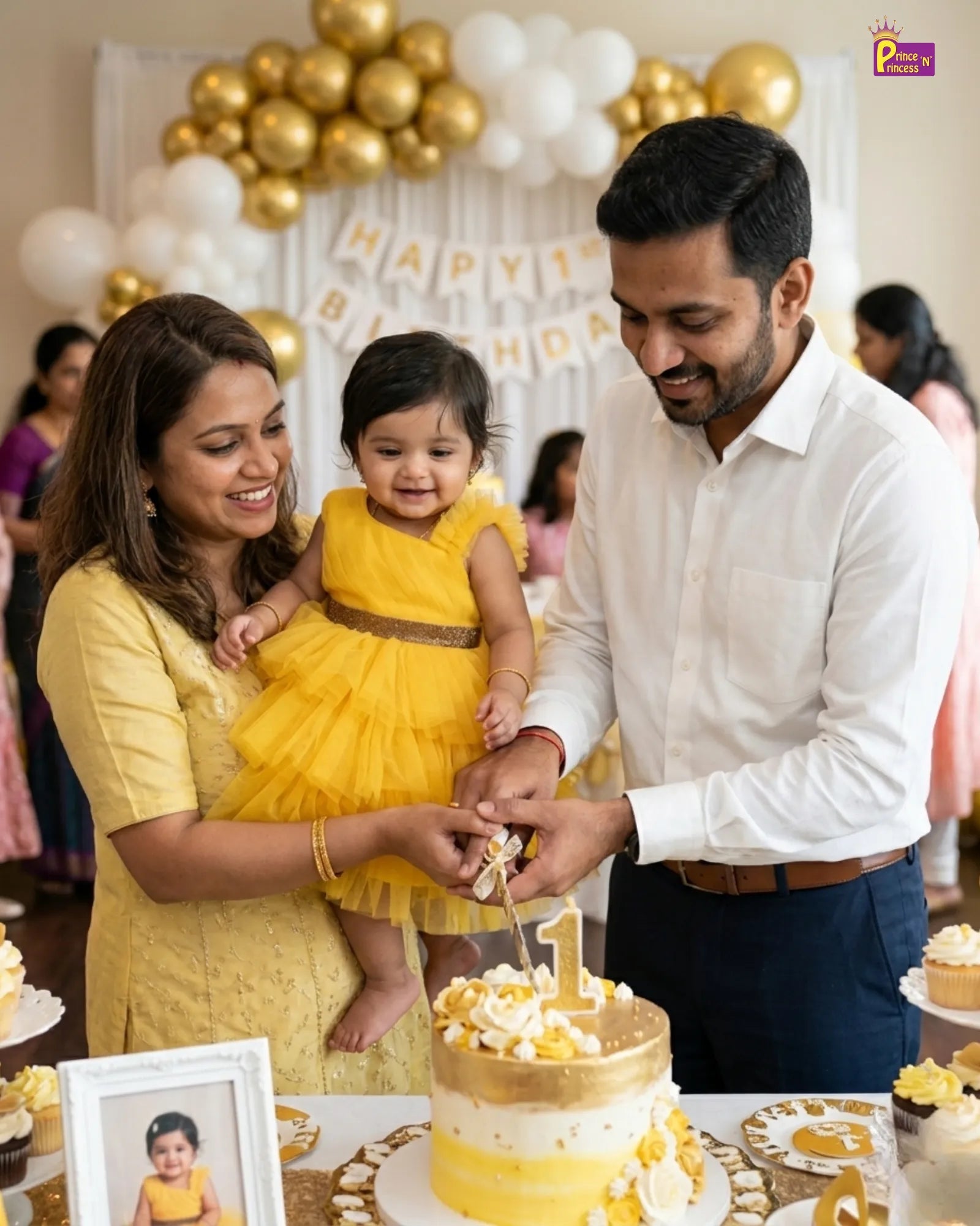 Family celebrating a child's first birthday with a cake and balloons.