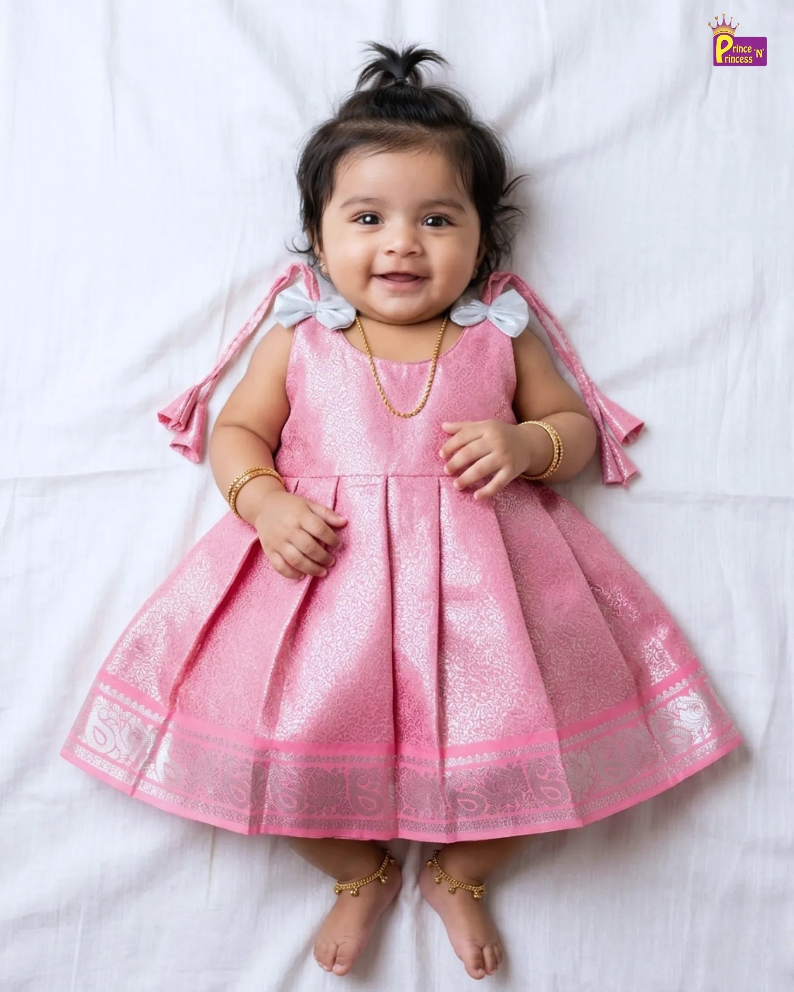 Baby Pink Kanjivaram Pattu Frock for Baby Girl | Glitter Silk Frock LF1982 for kids festival wear