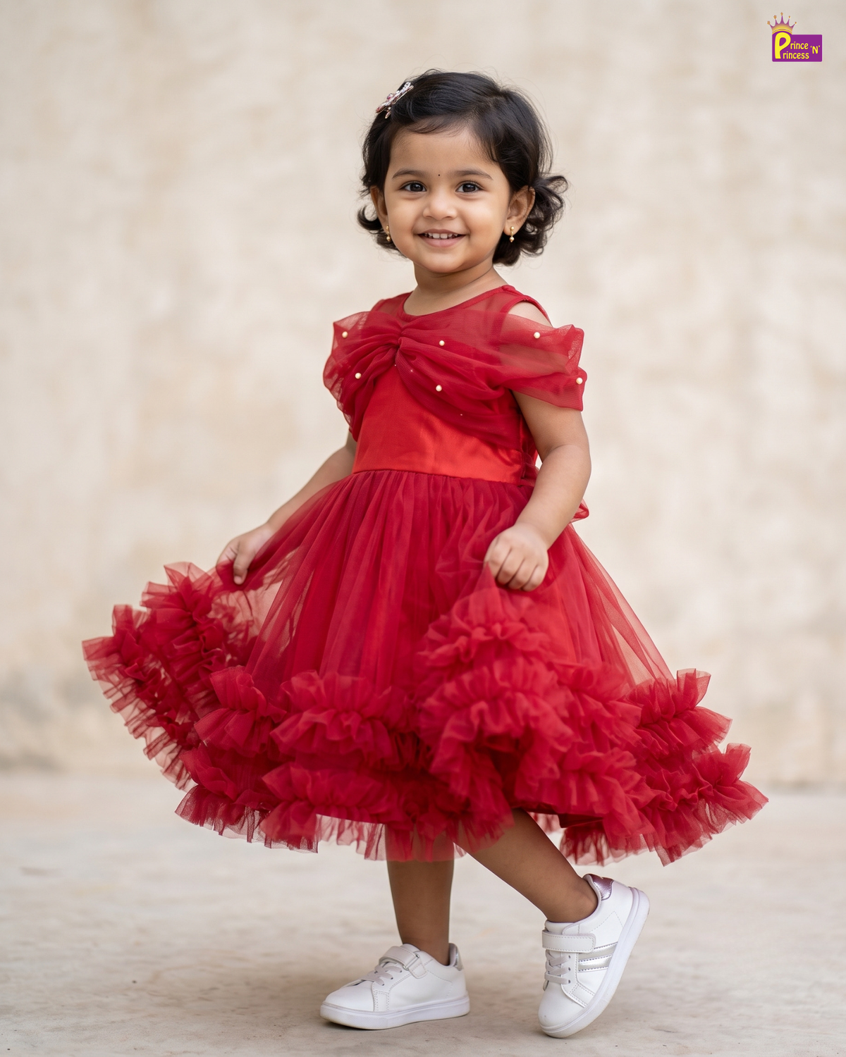 Girls Red Tulle Dress - Pearl Bow Collar Party & Birthday Wear BG156
