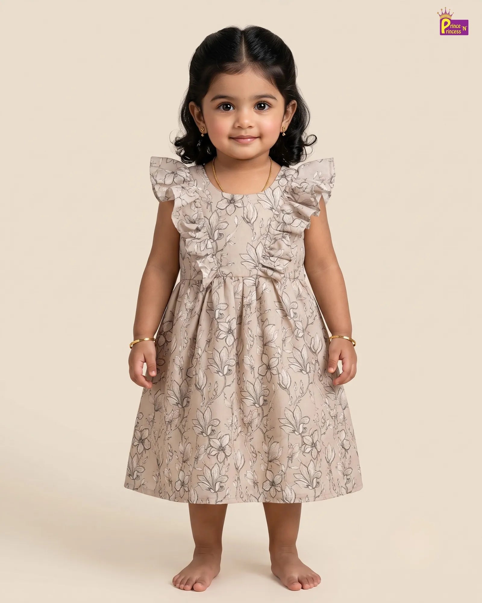 Beige Floral Sketch Print Cotton Frock for Girls | Ruffle Bow Dress CF311 for kids festival wear