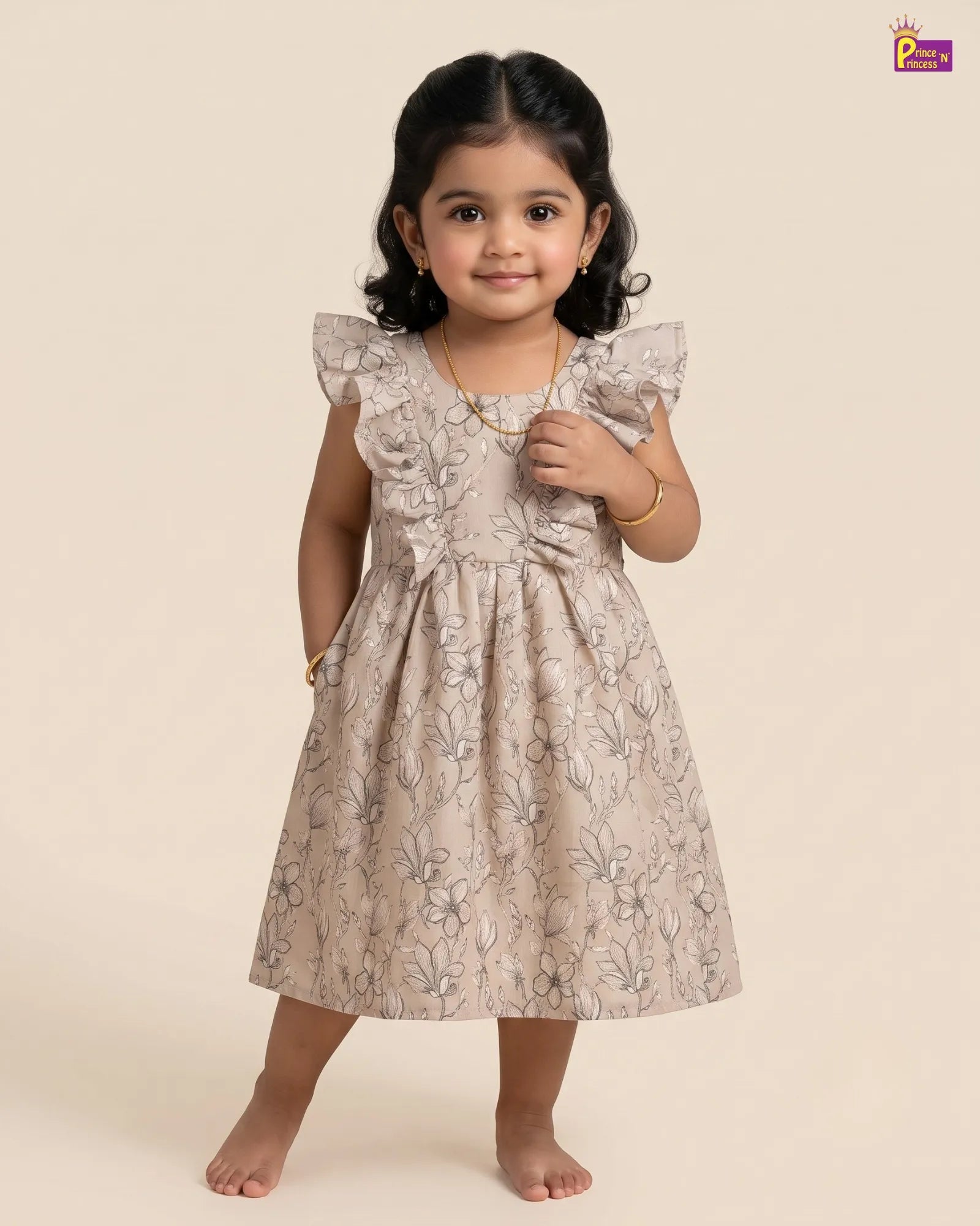 Beige Floral Sketch Print Cotton Frock for Girls | Ruffle Bow Dress CF311 for kids festival wear