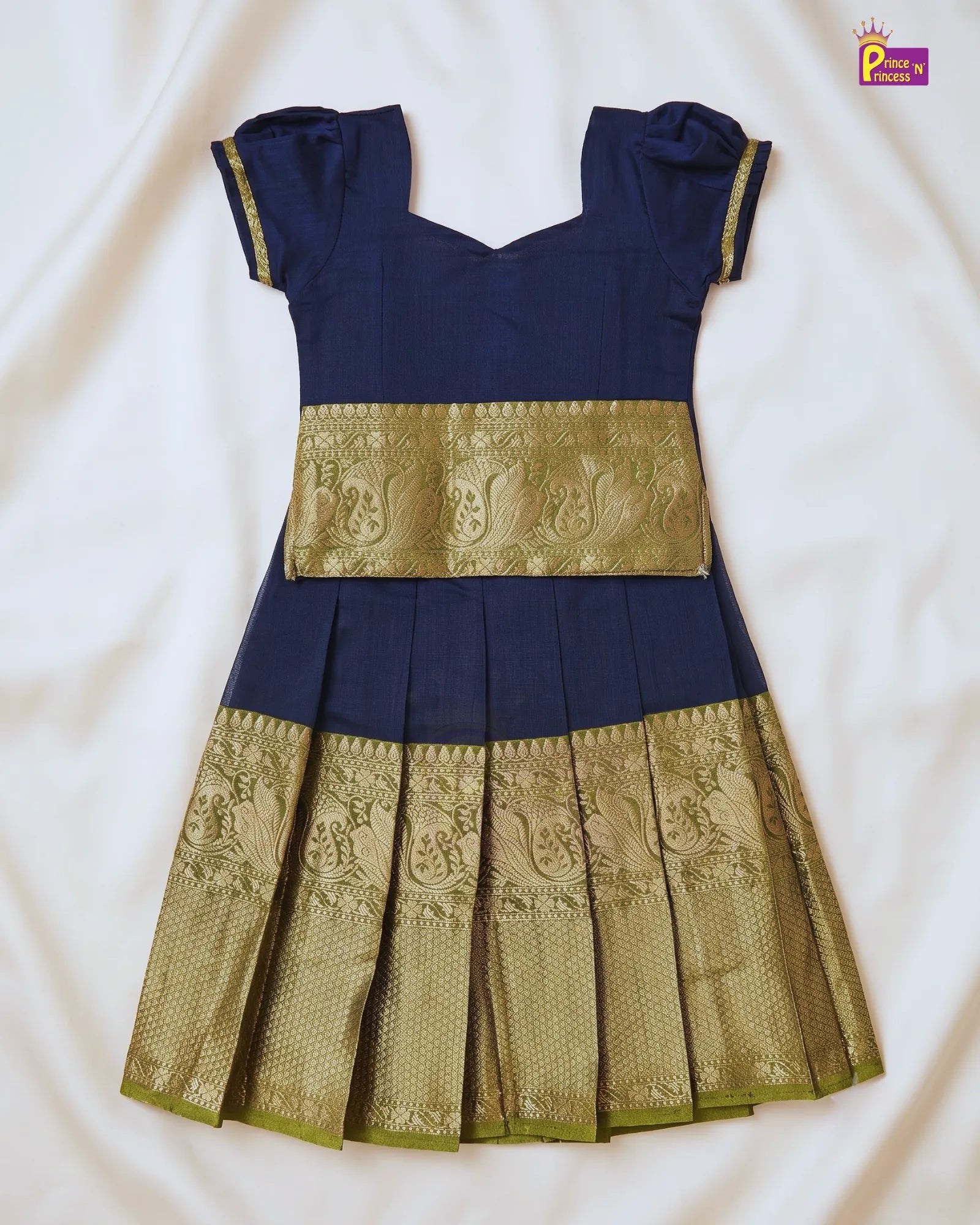 Chettinad Pattu Pavadai for Girls | Navy Blue Olive Gold Peacock Zari Silk PPP2137