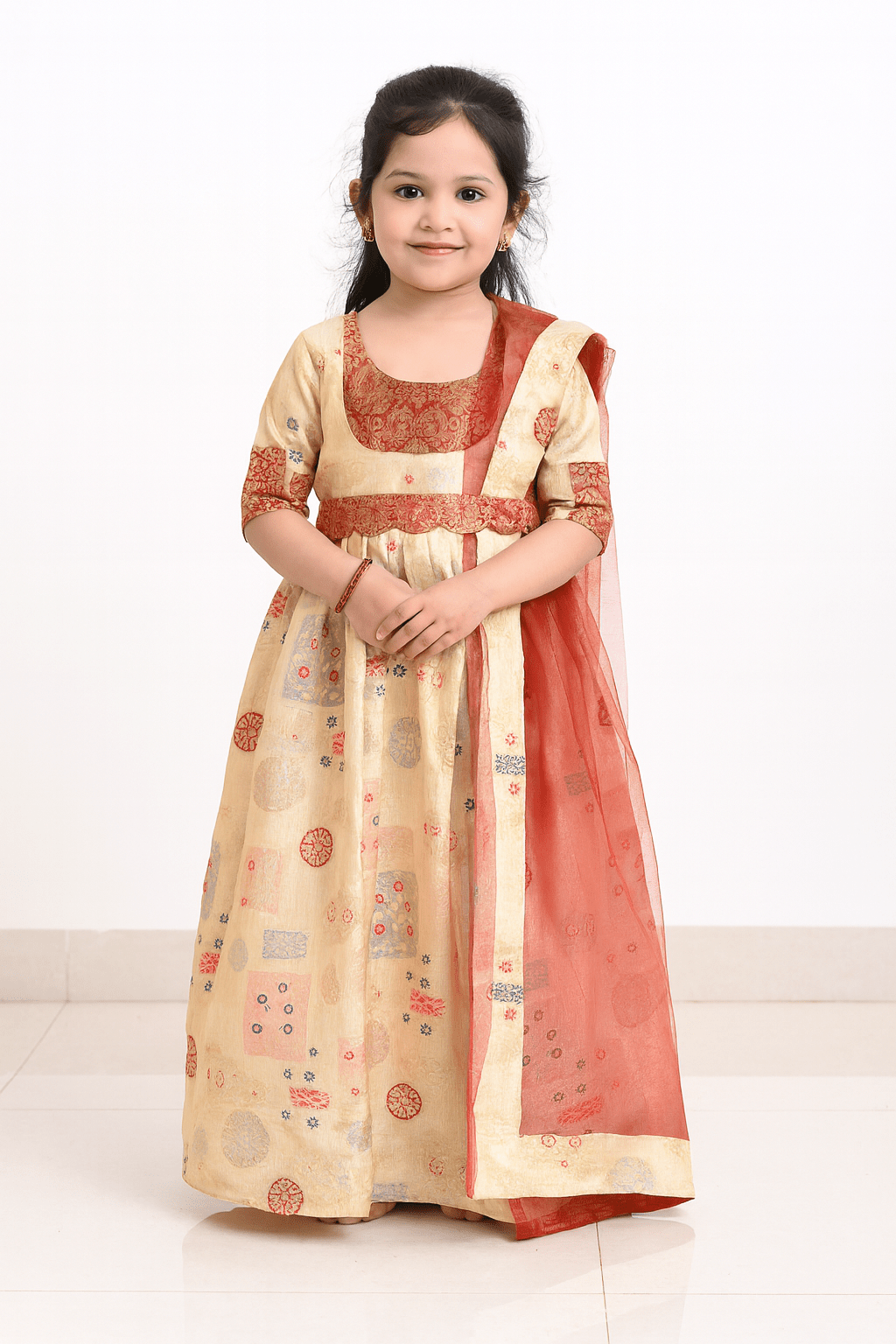 Biege Maroon Kids Ethnic Party Gown with Dupetta and Belt PG350 - Prince N Princess