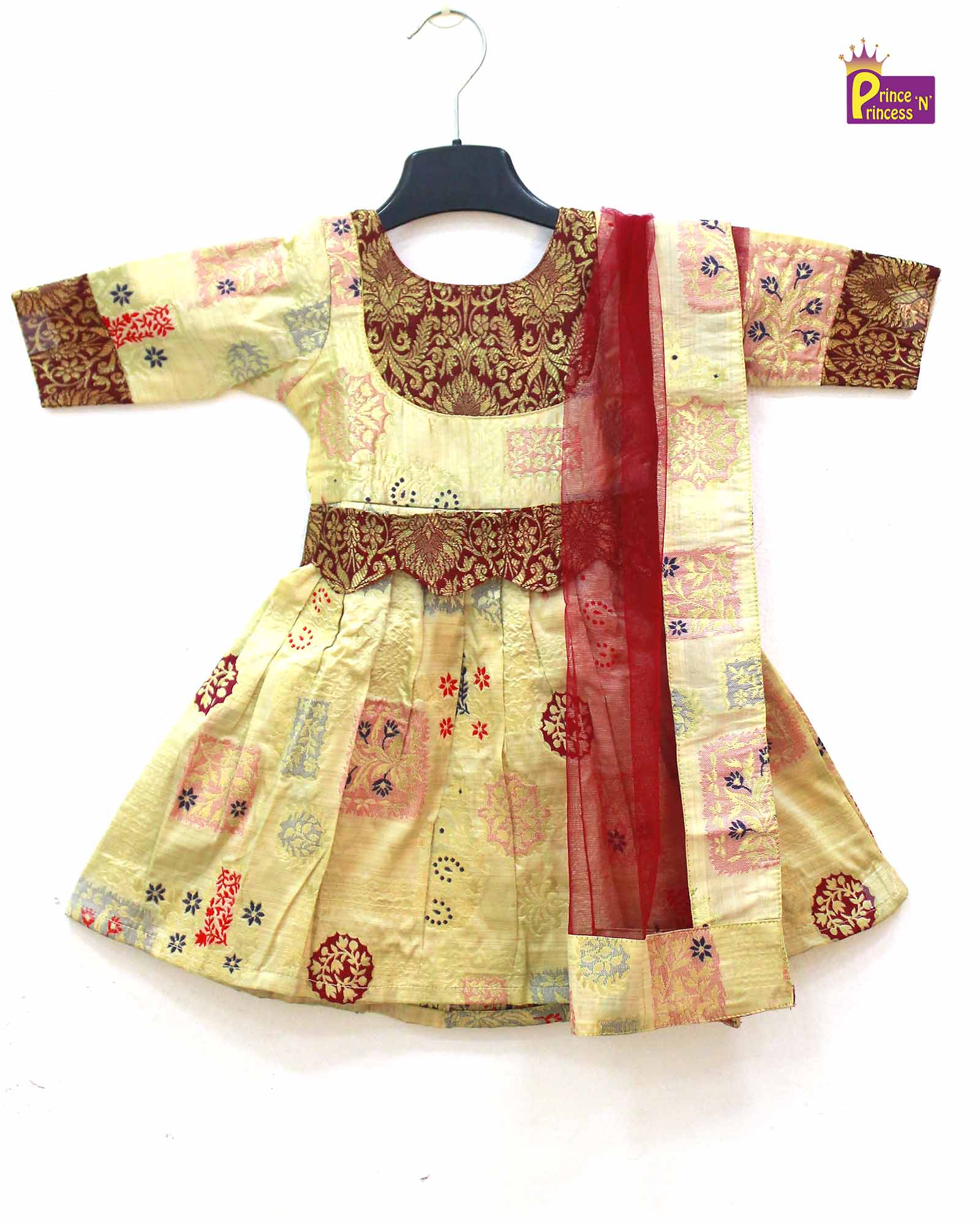 Biege Maroon Kids Ethnic Party Gown with Dupetta and Belt PG350 - Prince N Princess