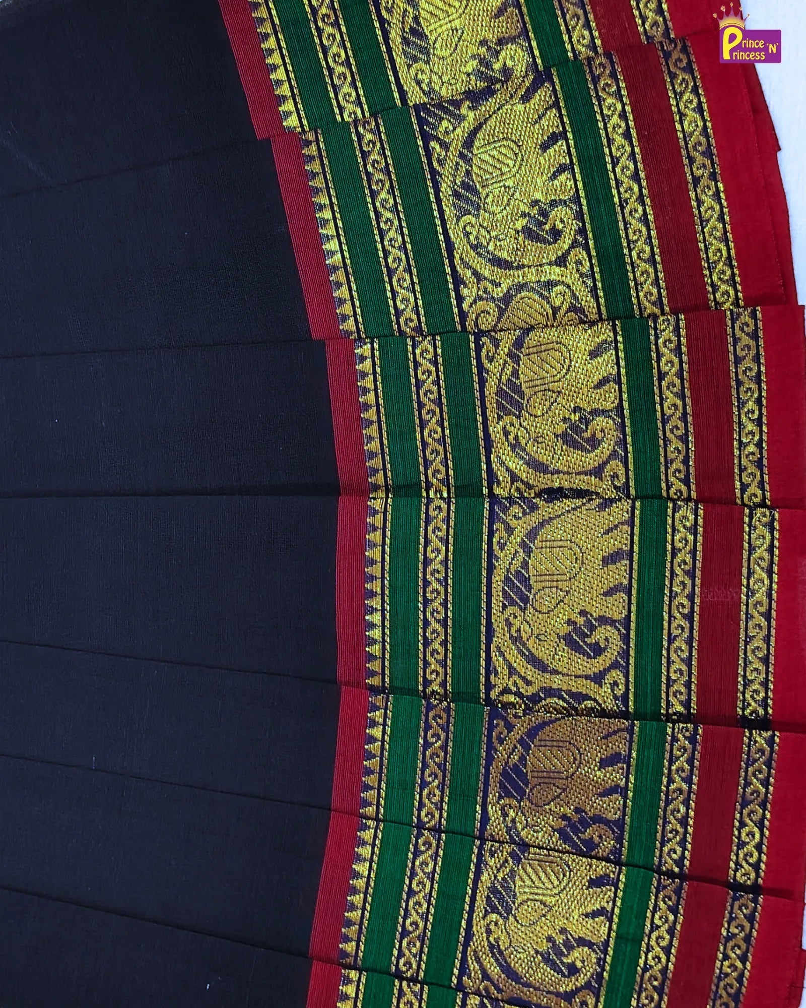 Saree with black, red, and green border featuring gold patterns