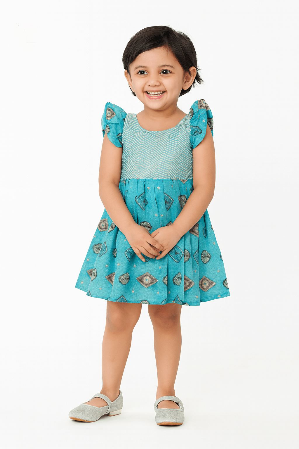 Blue Foil Print Cotton Frock CF231 - Prince N Princess