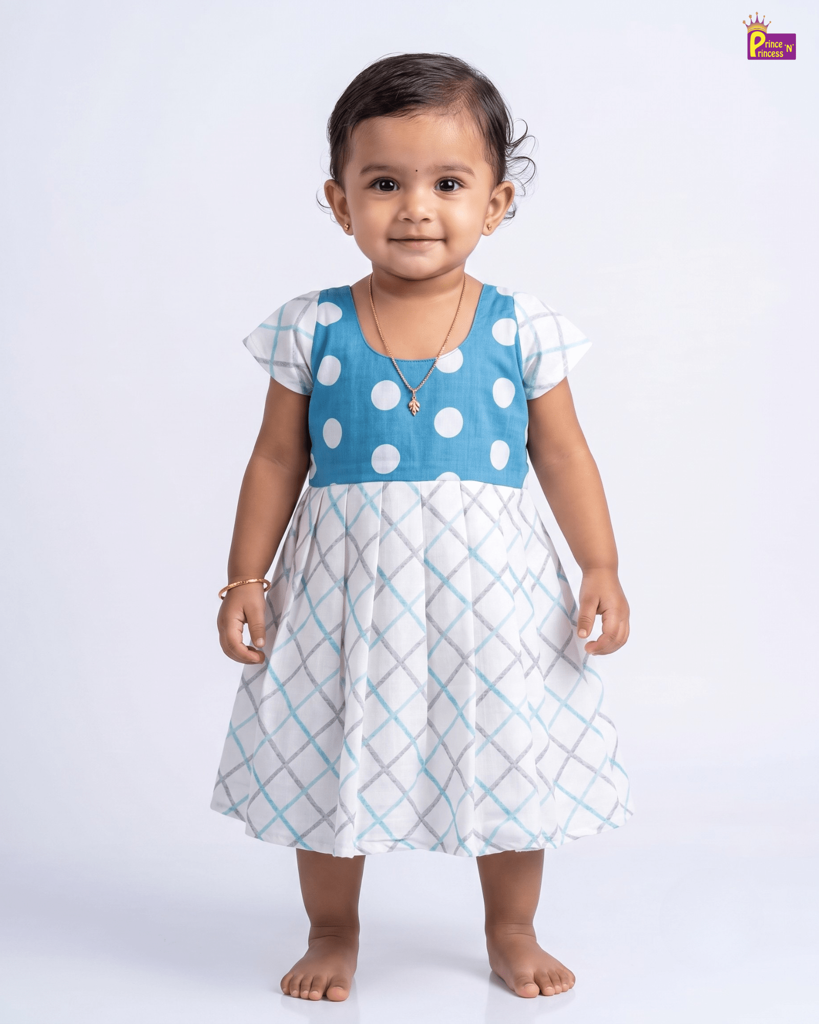 Blue Polka Dot White Check Cotton Frock for Baby Girl | Casual Dress KF003 for kids festival wear