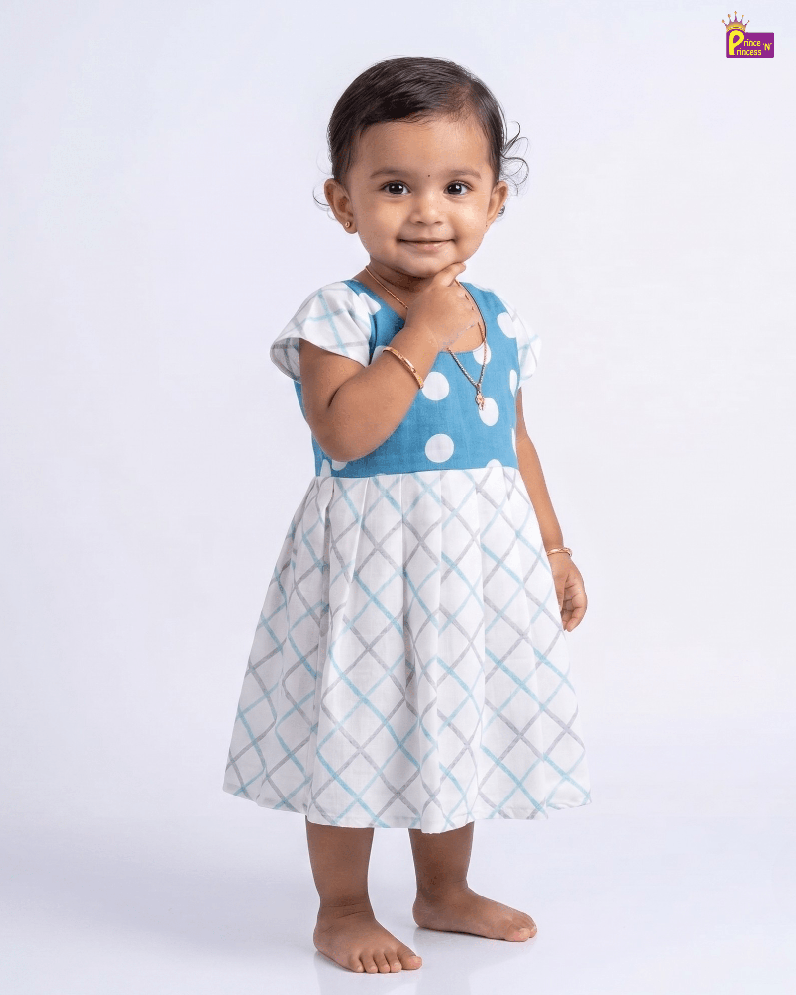Blue Polka Dot White Check Cotton Frock for Baby Girl | Casual Dress KF003 for kids festival wear