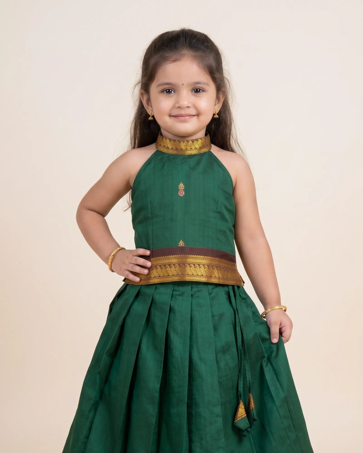 Bottle Green Kalyani Cotton Halter Pattu Pavadai – Diwali Pongal PPP2154 for kids festival wear