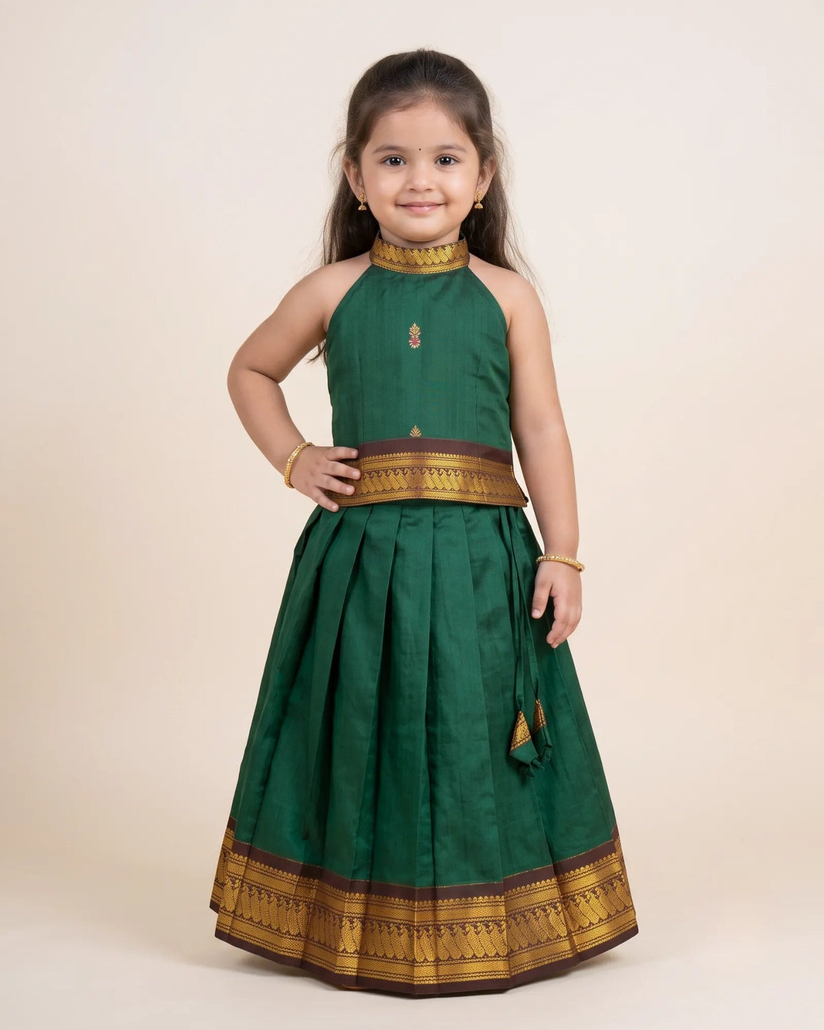 Bottle Green Kalyani Cotton Halter Pattu Pavadai – Diwali Pongal PPP2154 for kids festival wear