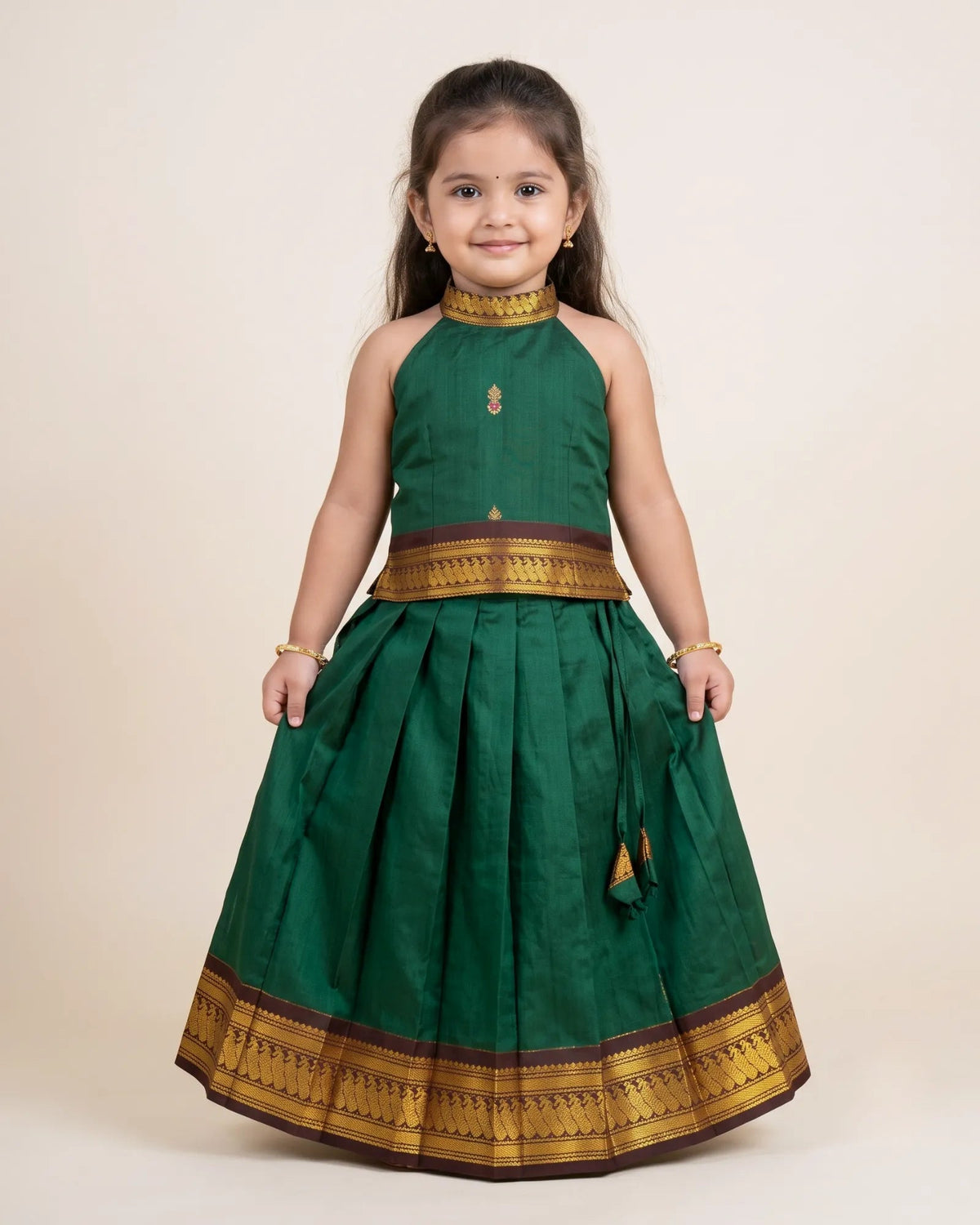 Bottle Green Kalyani Cotton Halter Pattu Pavadai – Diwali Pongal PPP2154 for kids festival wear