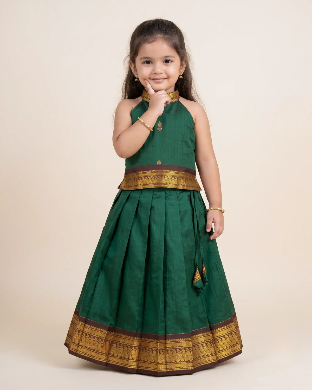 Bottle Green Kalyani Cotton Halter Pattu Pavadai – Diwali Pongal PPP2154 for kids festival wear