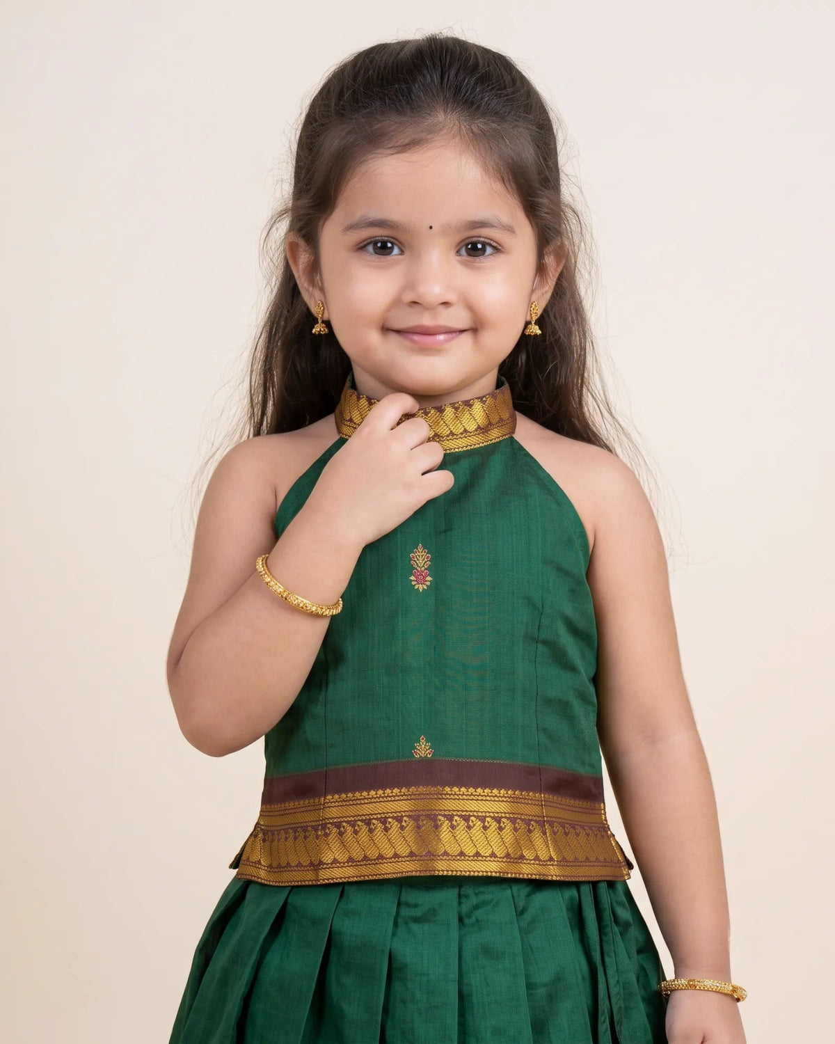 Bottle Green Kalyani Cotton Halter Pattu Pavadai – Diwali Pongal PPP2154 for kids festival wear