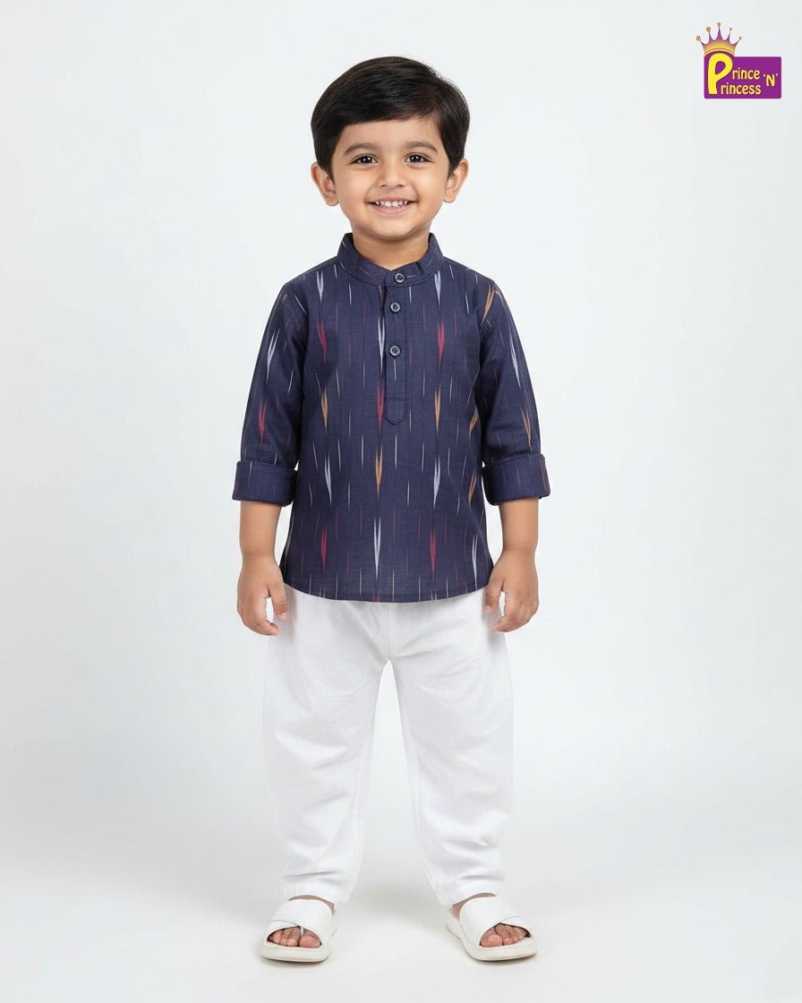 Boys Blue White Cotton Ikkat kurta Pajama KP118 - Prince N Princess