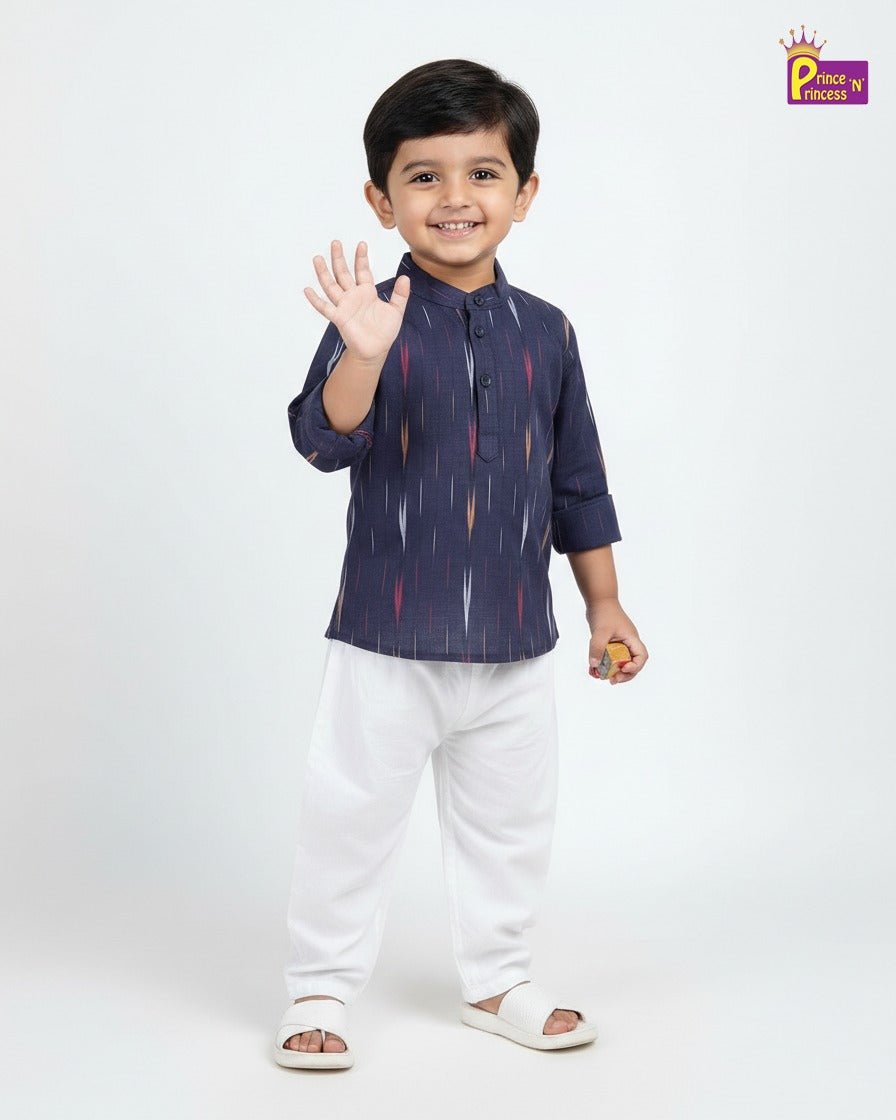 Boys Blue White Cotton Ikkat kurta Pajama KP118 - Prince N Princess