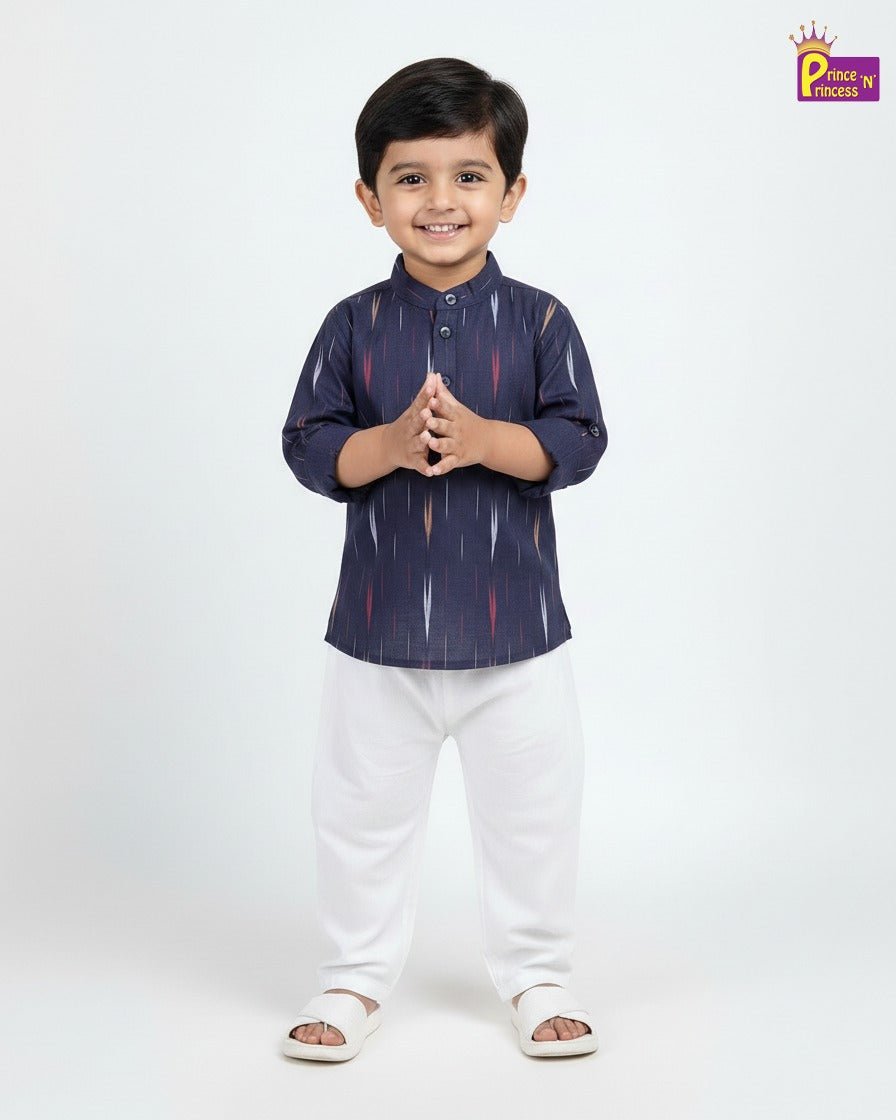 Boys Blue White Cotton Ikkat kurta Pajama KP118 - Prince N Princess
