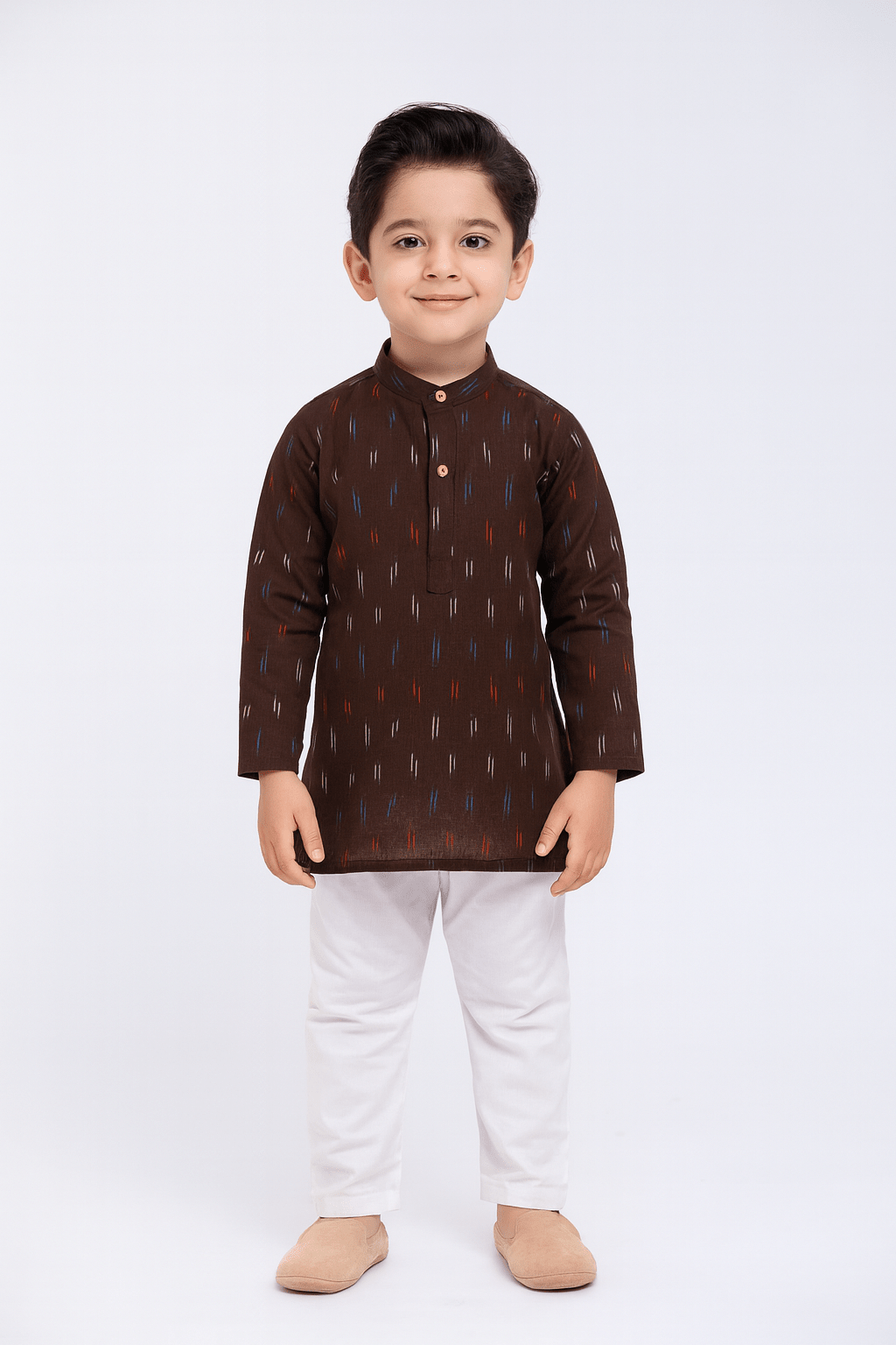 Boys Coffee Brown White Cotton Ikkat kurta Pajama KP166 for kids festival wear