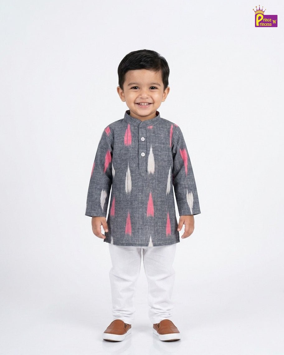 Boys Cotton Ikkat Kurta Pajama in Ash KP214 - Prince N Princess