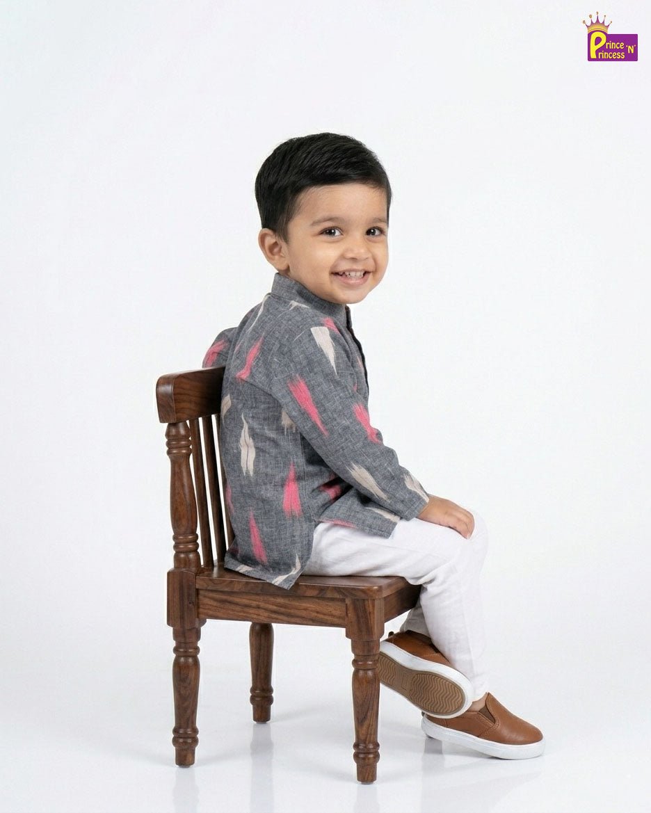 Boys Cotton Ikkat Kurta Pajama in Ash KP214 - Prince N Princess