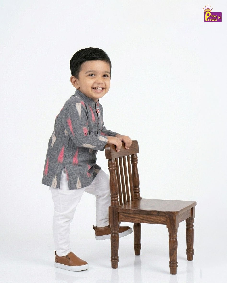 Boys Cotton Ikkat Kurta Pajama in Ash KP214 - Prince N Princess