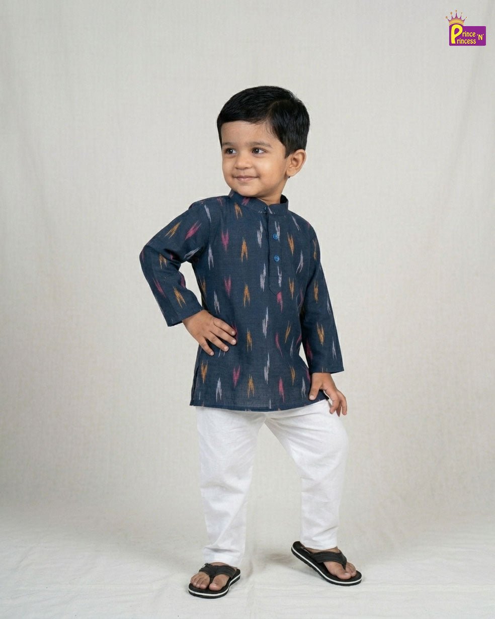 Boys Cotton Ikkat Kurta Pajama in Navy KP209 - Prince N Princess