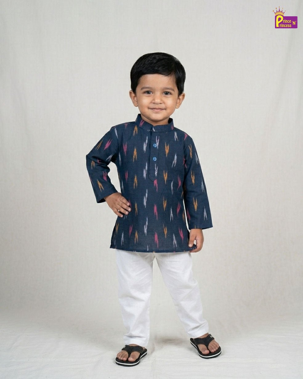 Boys Cotton Ikkat Kurta Pajama in Navy KP209 - Prince N Princess