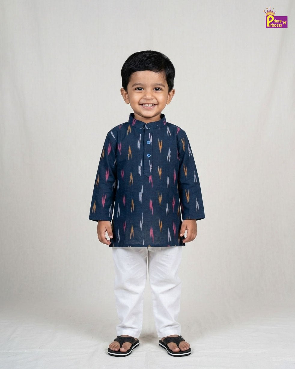 Boys Cotton Ikkat Kurta Pajama in Navy KP209 - Prince N Princess
