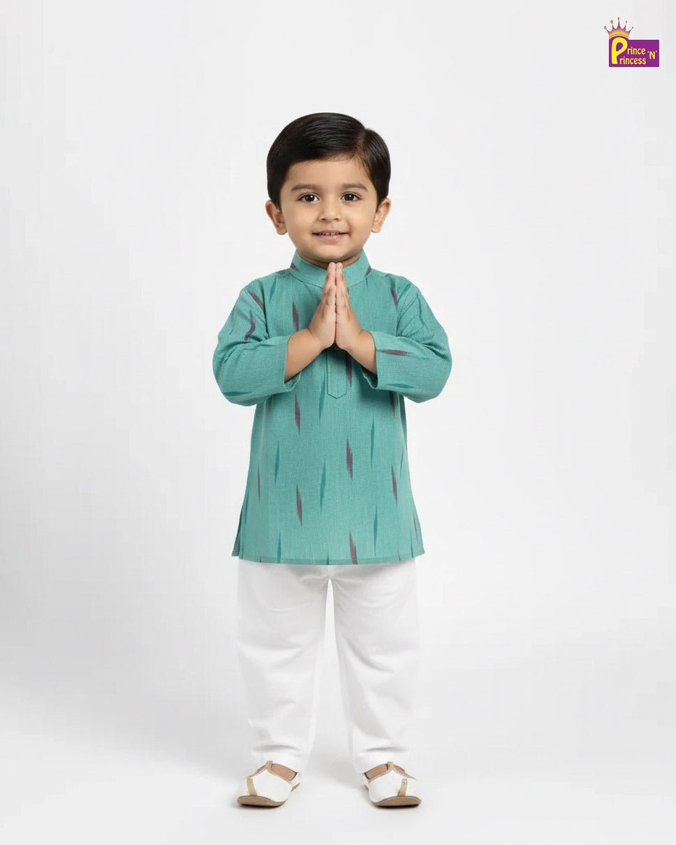 Boys Cotton Ikkat Kurta Pajama in Rama Green KP199 - Prince N Princess
