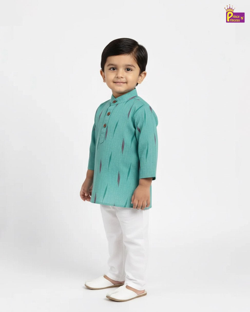 Boys Cotton Ikkat Kurta Pajama in Rama Green KP199 - Prince N Princess