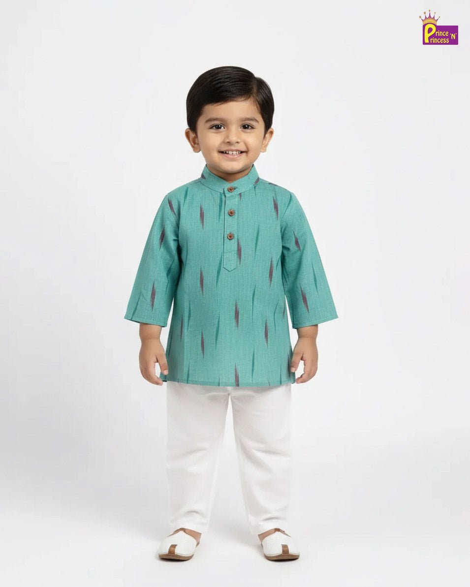 Boys Cotton Ikkat Kurta Pajama in Rama Green KP199 - Prince N Princess
