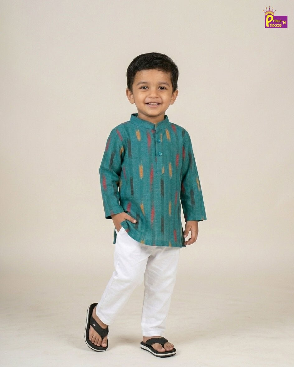 Boys Cotton Ikkat Kurta Pajama in Rama Green KP208 - Prince N Princess
