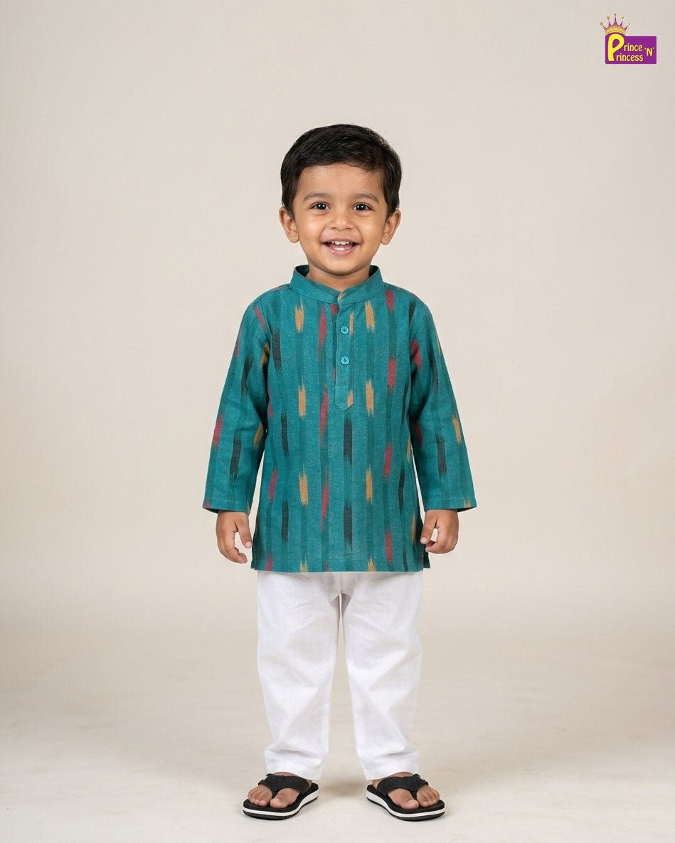 Boys Cotton Ikkat Kurta Pajama in Rama Green KP208 - Prince N Princess