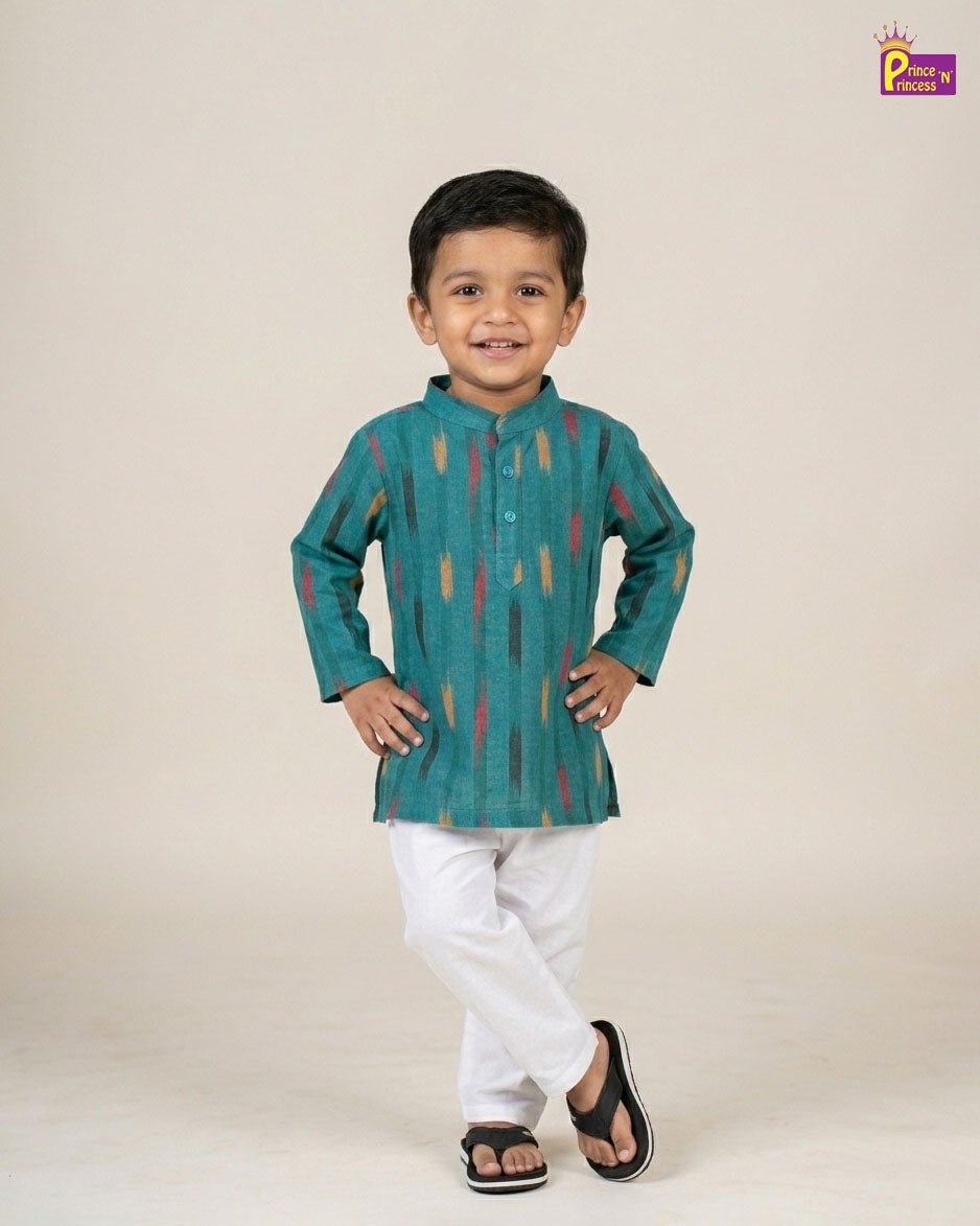 Boys Cotton Ikkat Kurta Pajama in Rama Green KP208 - Prince N Princess