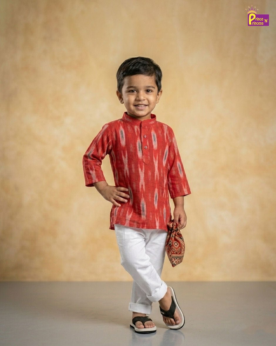 Boys Cotton Ikkat Kurta Pajama in Red KP210 - Prince N Princess