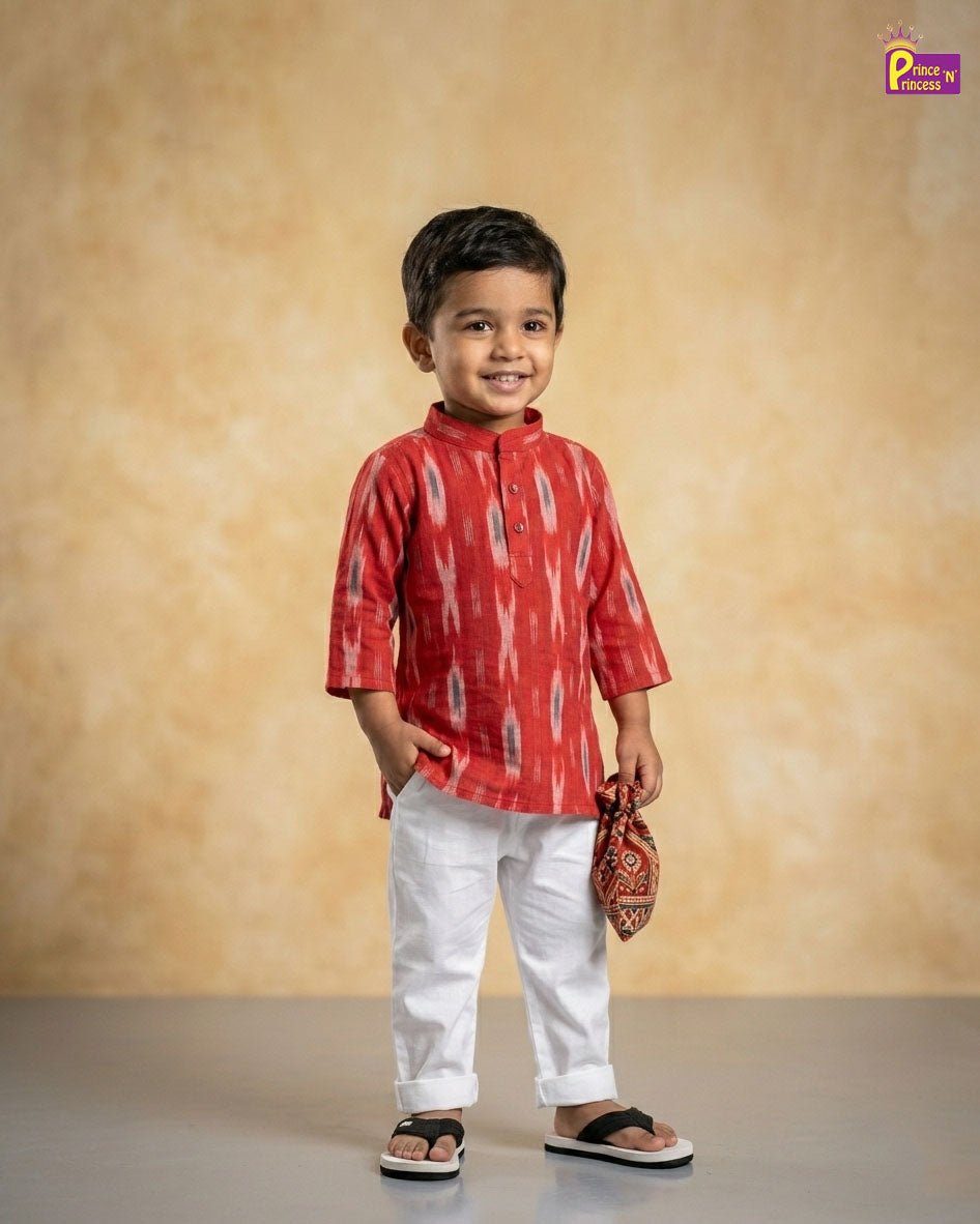 Boys Cotton Ikkat Kurta Pajama in Red KP210 - Prince N Princess